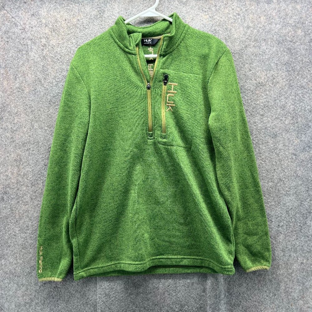 Huk Pullover Mens Small Green Fleece Quarter Zip Fishing Outdoor Logo Embroidery